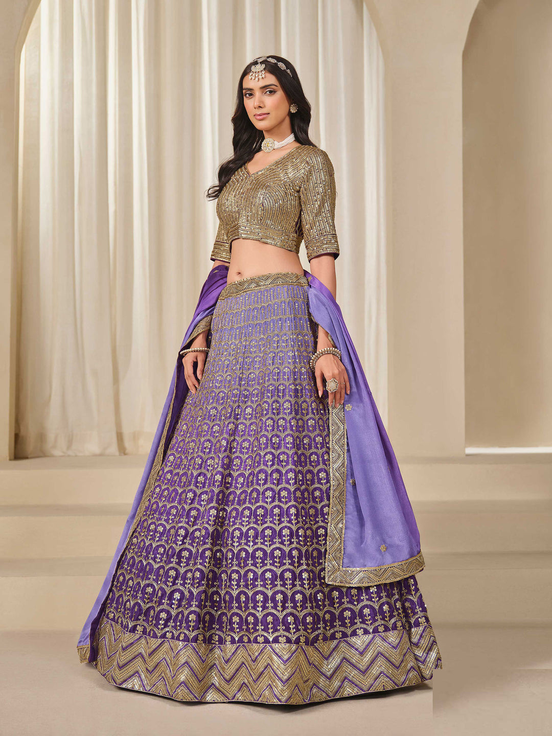 Purple Embroidered Chinon Semi Stitched Kurta Choli With Lehenga &amp; Dupatta