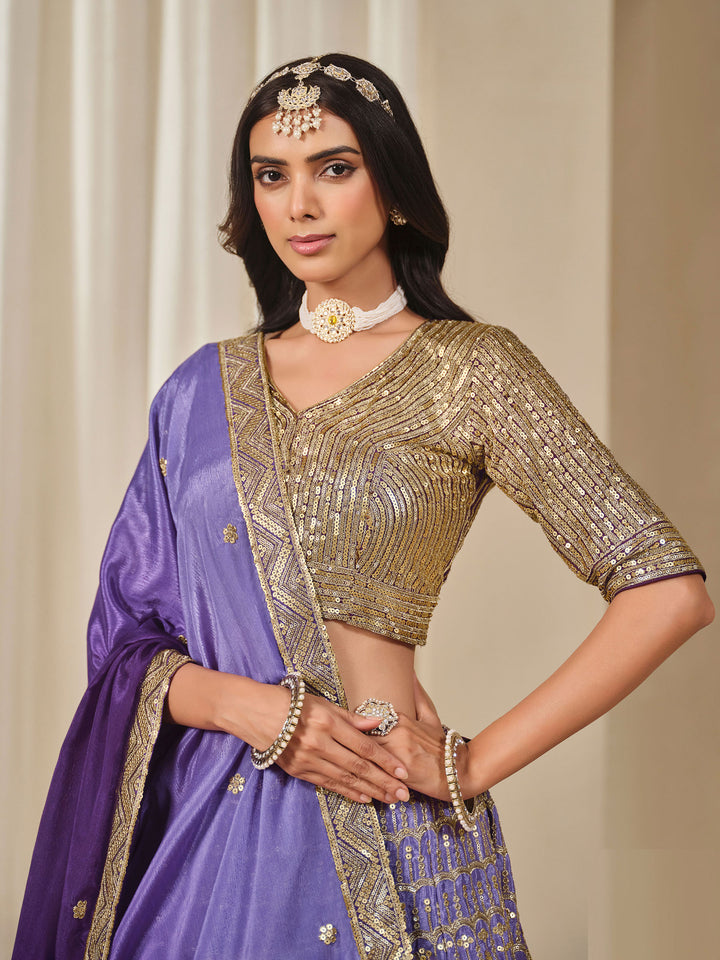 Purple Embroidered Chinon Semi Stitched Kurta Choli With Lehenga &amp; Dupatta