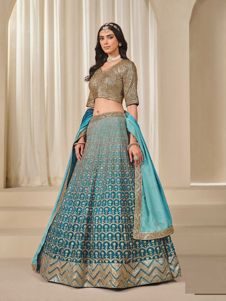 Rama Green Embroidered Chinon Semi Stitched Kurta Choli With Lehenga &amp; Dupatta