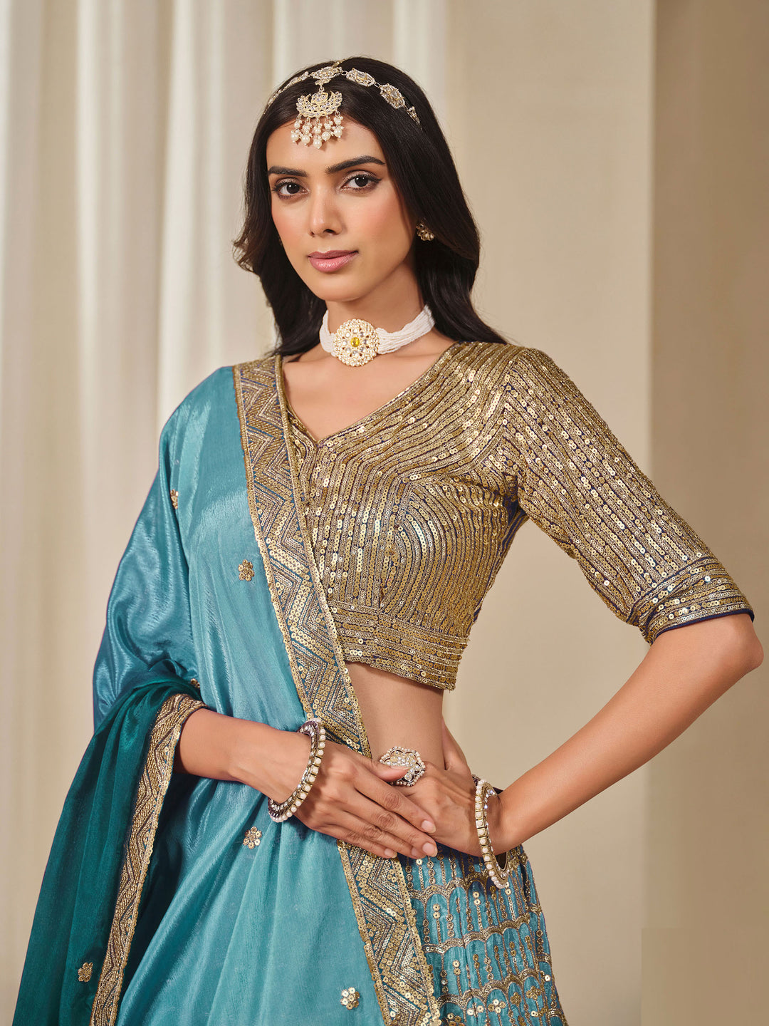 Rama Green Embroidered Chinon Semi Stitched Kurta Choli With Lehenga &amp; Dupatta