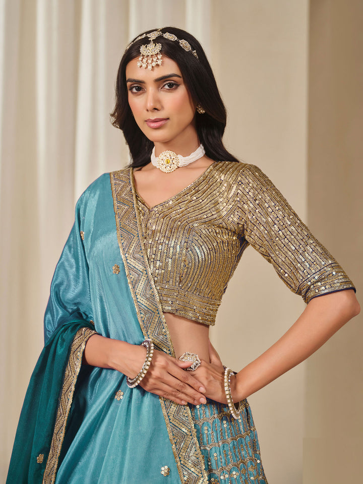 Rama Green Embroidered Chinon Semi Stitched Kurta Choli With Lehenga &amp; Dupatta