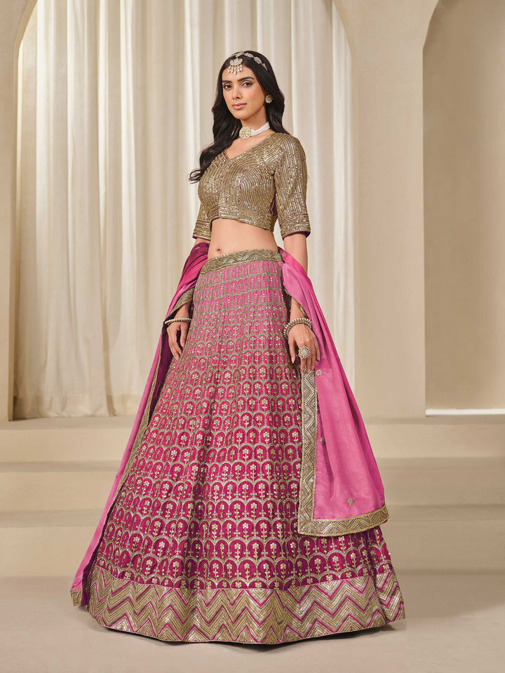 Rani Embroidered Chinon Semi Stitched Kurta Choli With Lehenga &amp; Dupatta