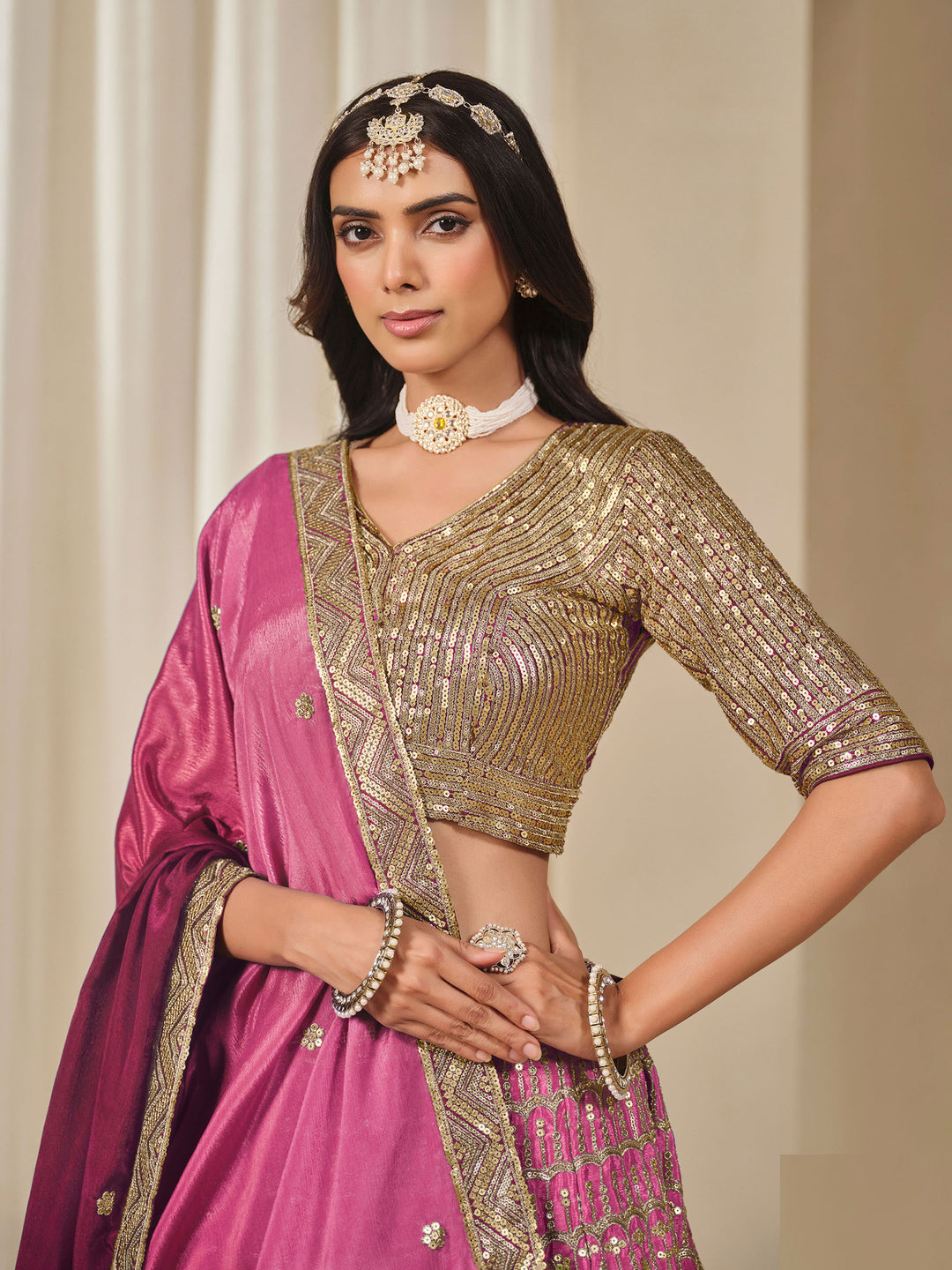 Rani Embroidered Chinon Semi Stitched Kurta Choli With Lehenga &amp; Dupatta