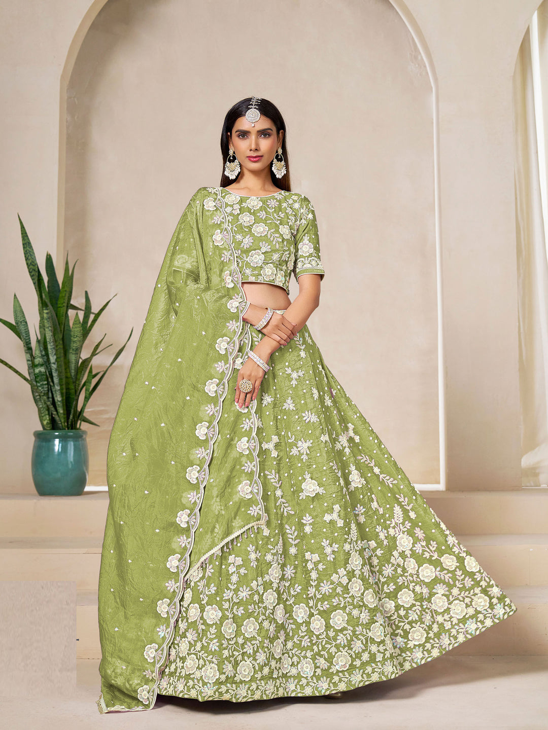 Green Embroidered Oaganza Semi Stitched Kurta Choli With Lehenga &amp; Dupatta