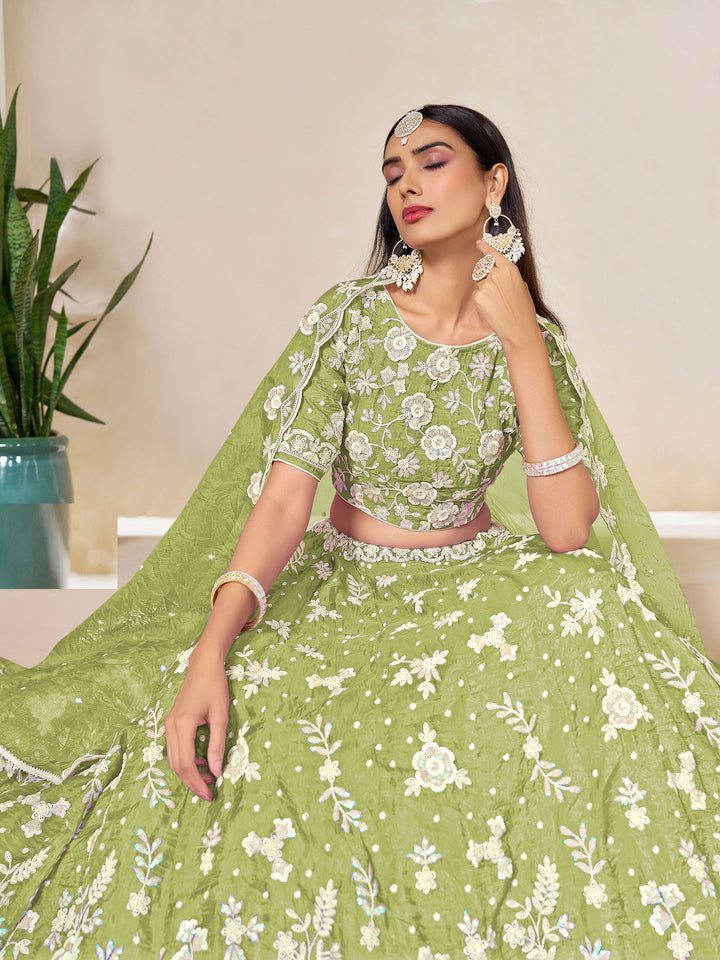 Green Embroidered Oaganza Semi Stitched Kurta Choli With Lehenga &amp; Dupatta