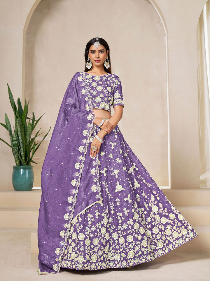 Lavender Embroidered Oaganza Semi Stitched Kurta Choli With Lehenga &amp; Dupatta
