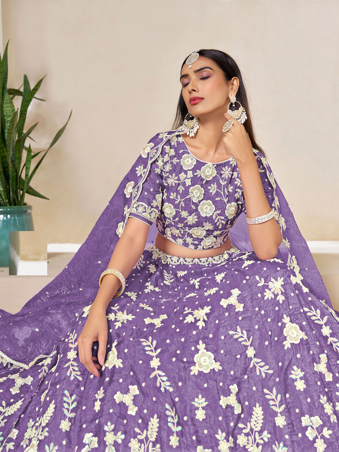 Lavender Embroidered Oaganza Semi Stitched Kurta Choli With Lehenga &amp; Dupatta