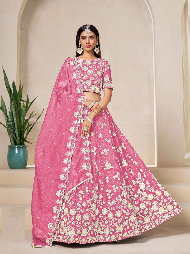 Pink Embroidered Oaganza Semi Stitched Kurta Choli With Lehenga &amp; Dupatta