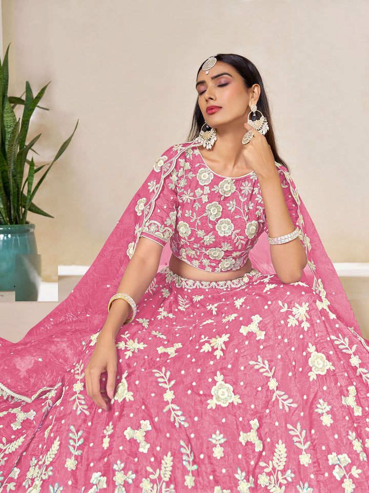 Pink Embroidered Oaganza Semi Stitched Kurta Choli With Lehenga &amp; Dupatta