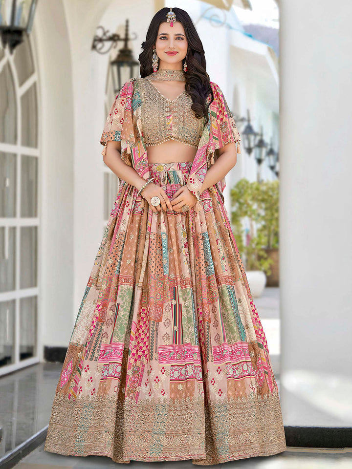 Beige Chinon Embroidered Semi Stitched Lehenga Choli with Dupatta