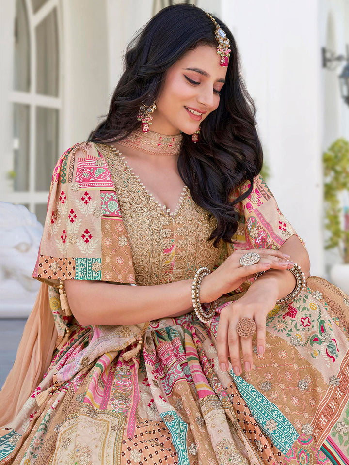 Beige Chinon Embroidered Semi Stitched Lehenga Choli with Dupatta