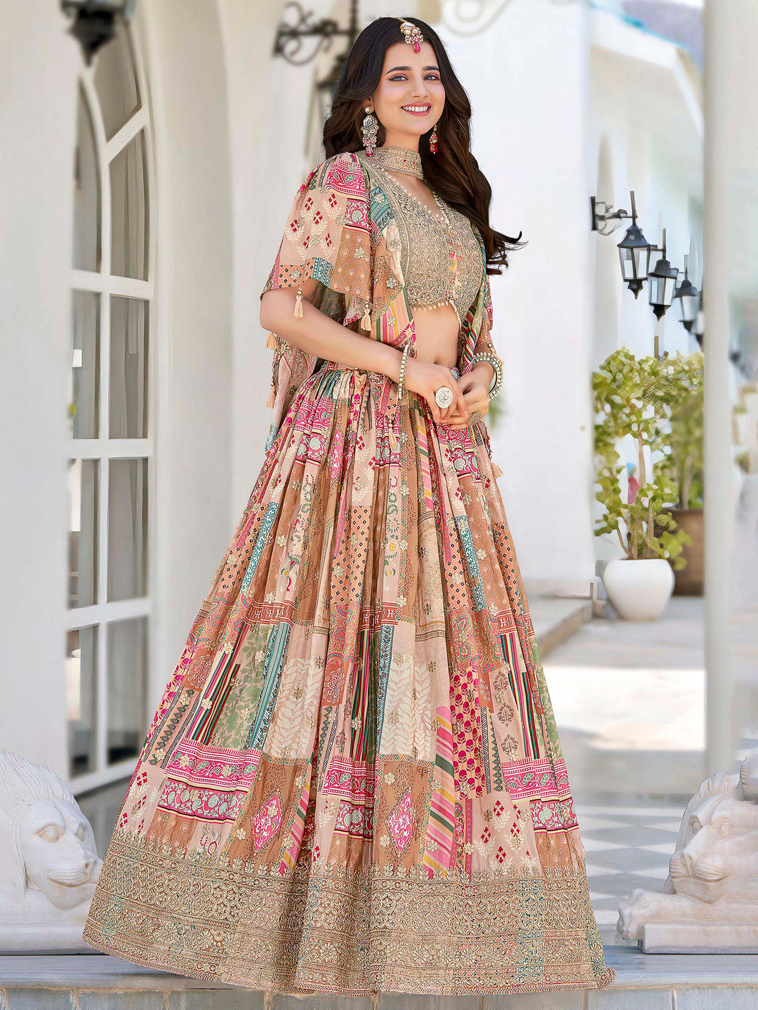 Beige Chinon Embroidered Semi Stitched Lehenga Choli with Dupatta