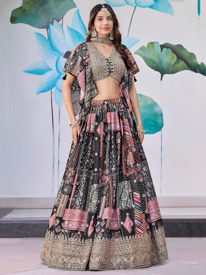Black Chinon Embroidered Semi Stitched Lehenga Choli with Dupatta