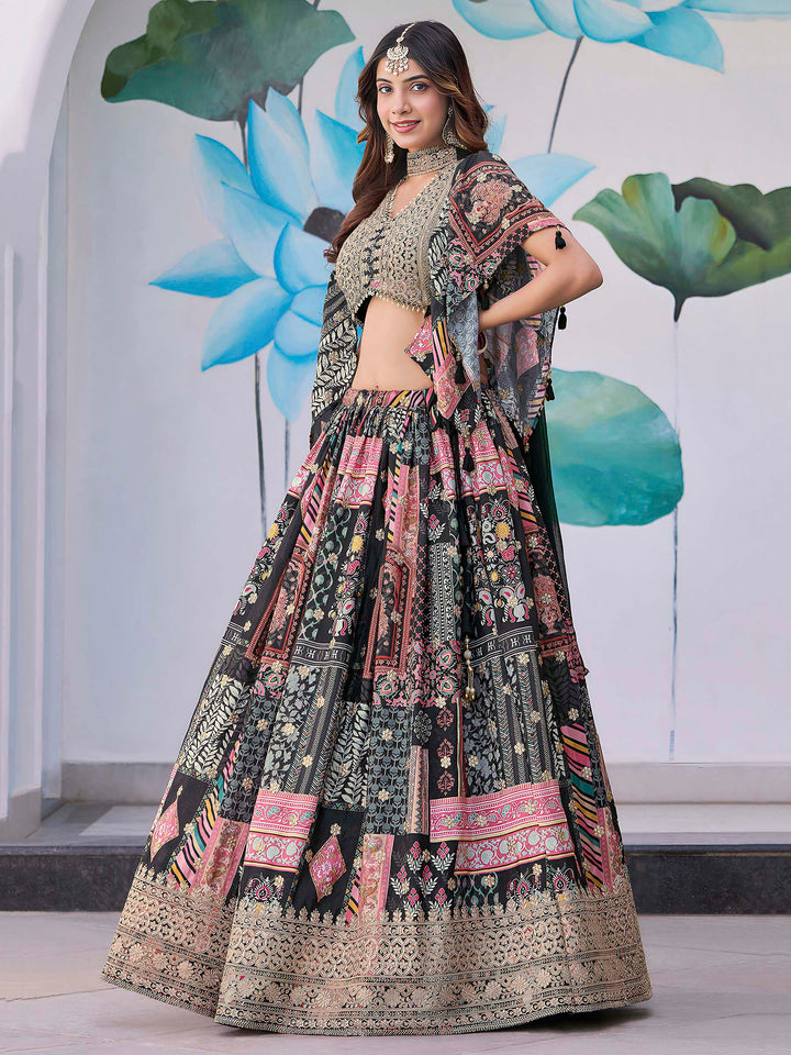 Black Chinon Embroidered Semi Stitched Lehenga Choli with Dupatta