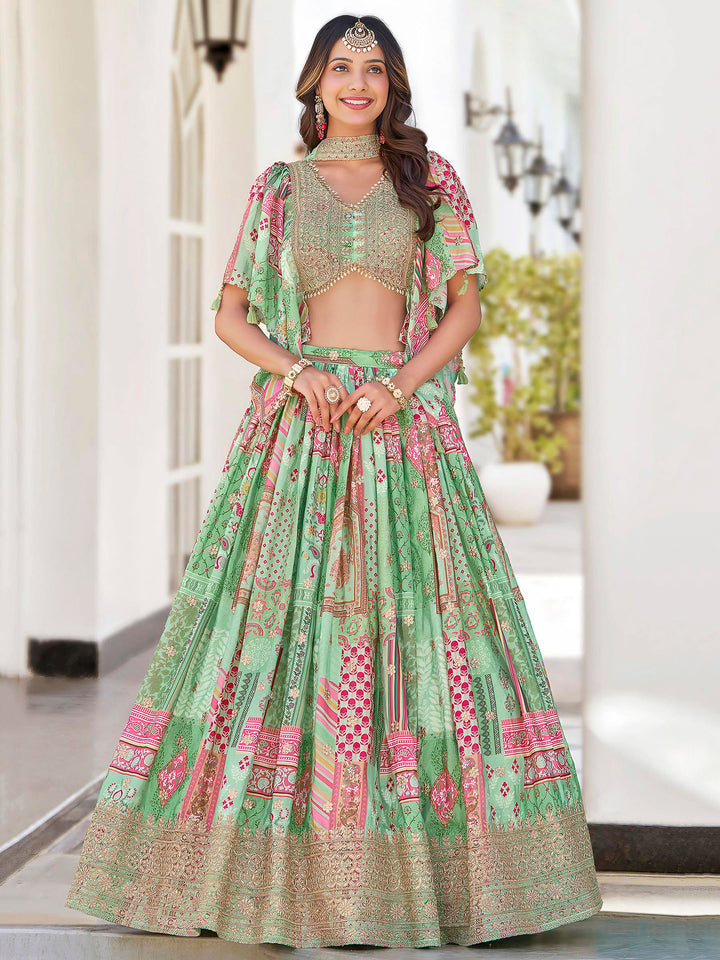 Green Chinon Embroidered Semi Stitched Lehenga Choli with Dupatta