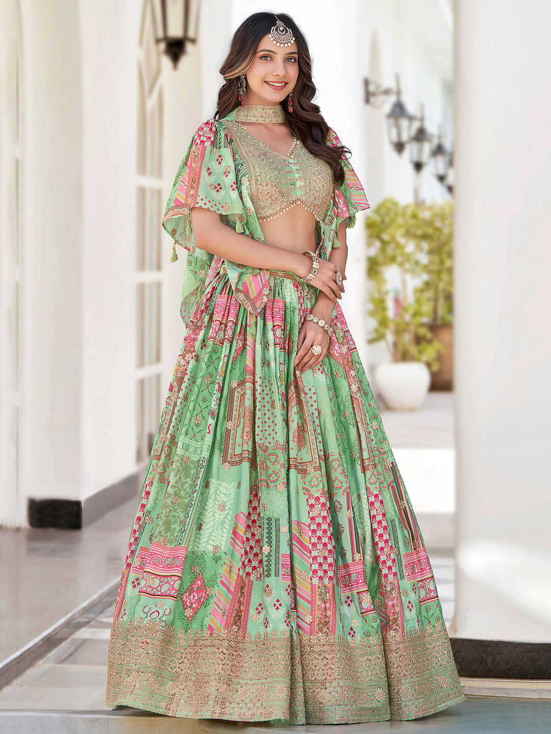 Green Chinon Embroidered Semi Stitched Lehenga Choli with Dupatta
