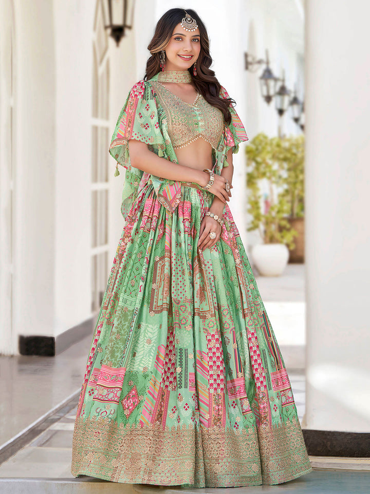 Green Chinon Embroidered Semi Stitched Lehenga Choli with Dupatta