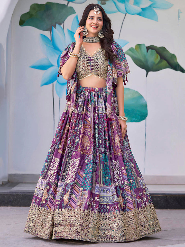 Purple Chinon Embroidered Semi Stitched Lehenga Choli with Dupatta