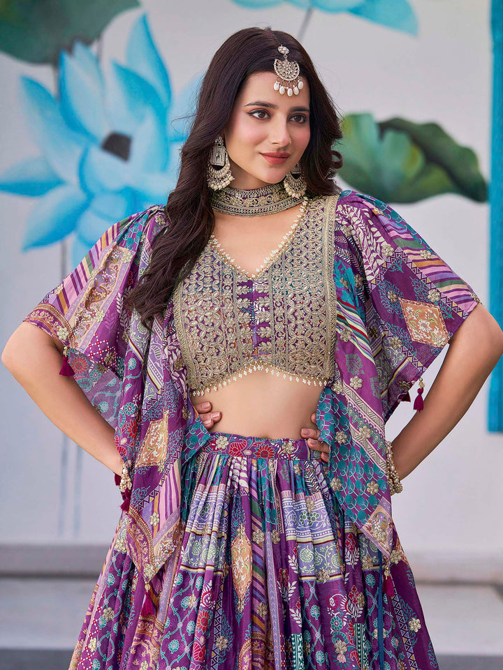 Purple Chinon Embroidered Semi Stitched Lehenga Choli with Dupatta