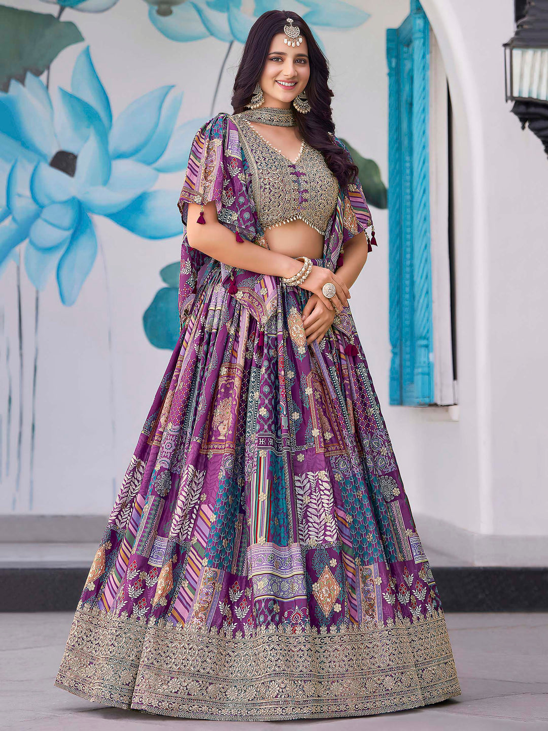 Purple Chinon Embroidered Semi Stitched Lehenga Choli with Dupatta