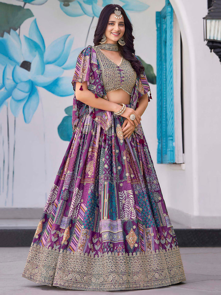 Purple Chinon Embroidered Semi Stitched Lehenga Choli with Dupatta