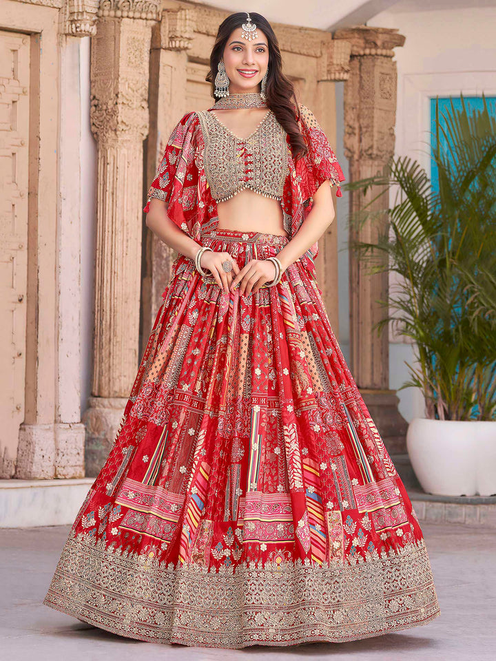 Red Chinon Embroidered Semi Stitched Lehenga Choli with Dupatta