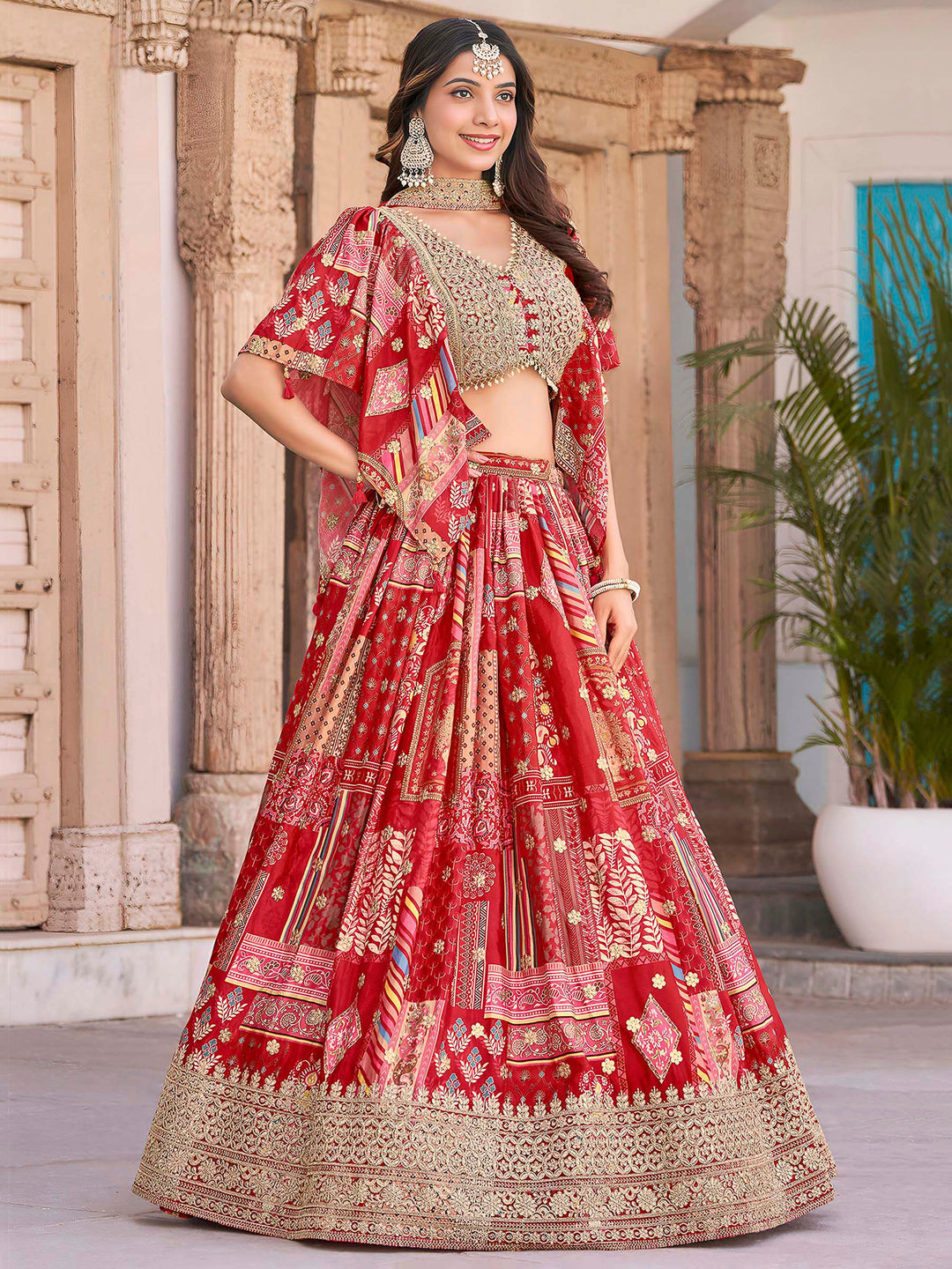 Red Chinon Embroidered Semi Stitched Lehenga Choli with Dupatta