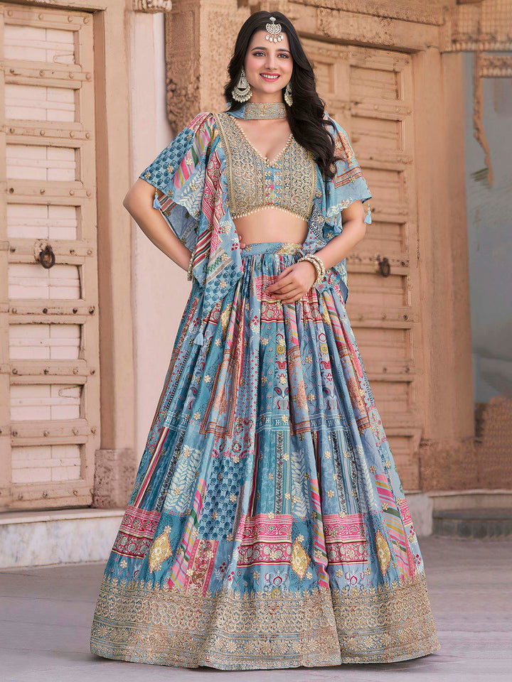 Sky Chinon Embroidered Semi Stitched Lehenga Choli with Dupatta