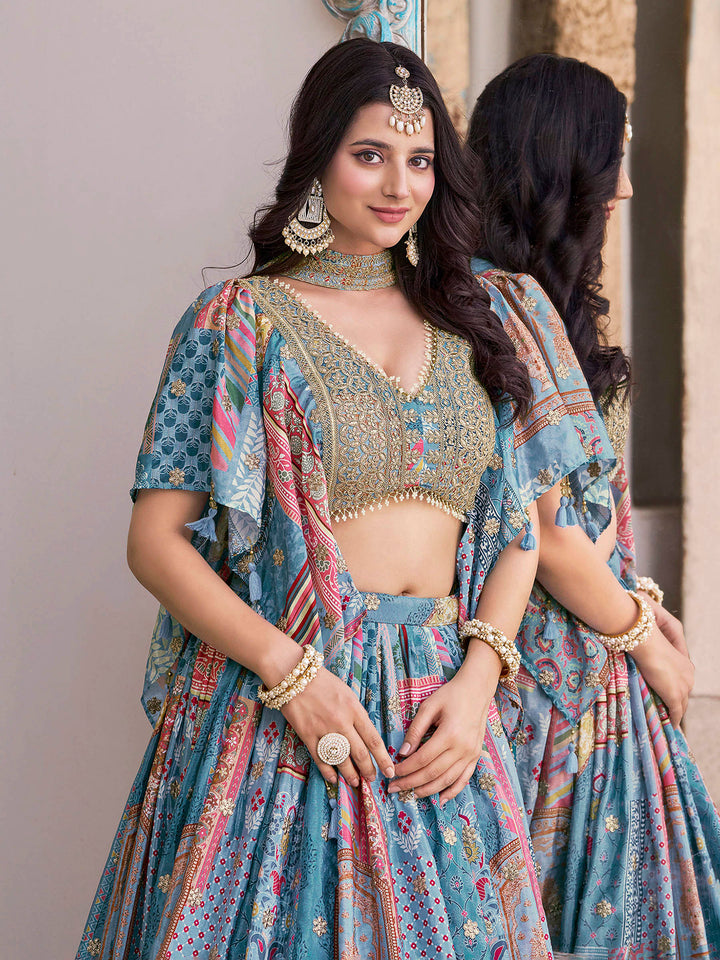 Sky Chinon Embroidered Semi Stitched Lehenga Choli with Dupatta
