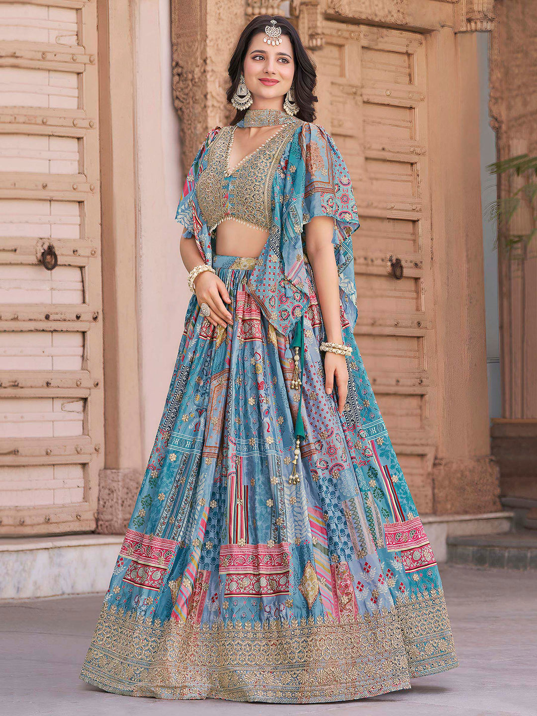 Sky Chinon Embroidered Semi Stitched Lehenga Choli with Dupatta