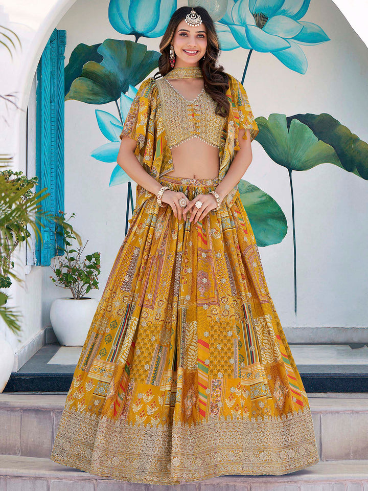 Yellow Chinon Embroidered Semi Stitched Lehenga Choli with Dupatta