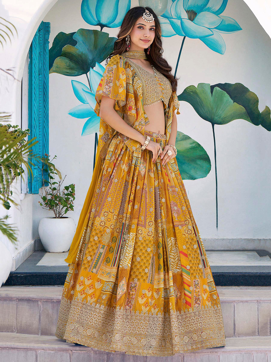 Yellow Chinon Embroidered Semi Stitched Lehenga Choli with Dupatta