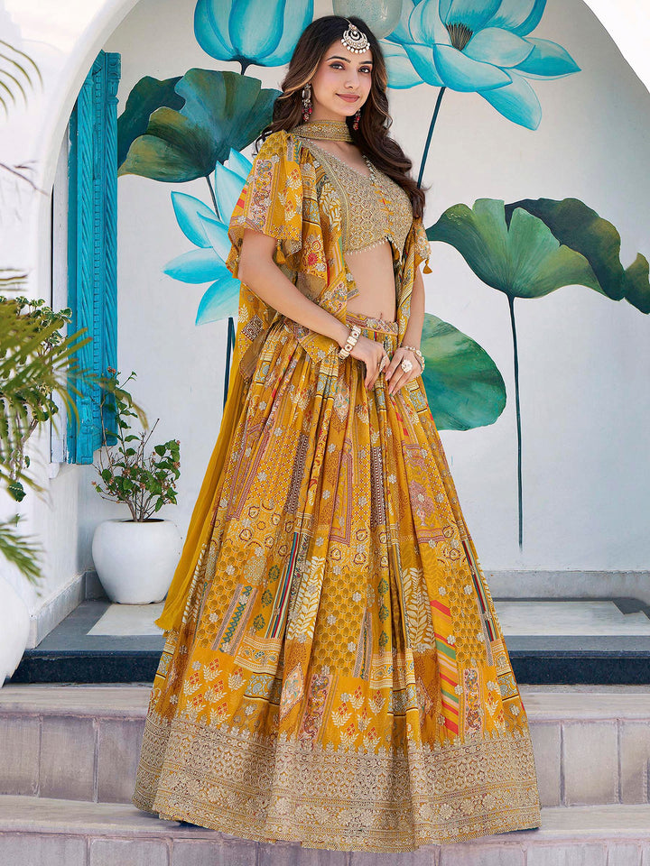 Yellow Chinon Embroidered Semi Stitched Lehenga Choli with Dupatta
