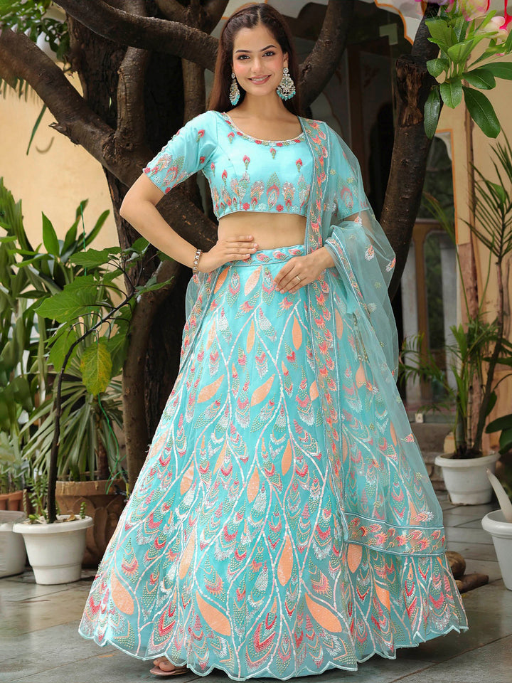 Sky Blue Net Embroidered Semi Stitched Lehenga Choli with Dupatta