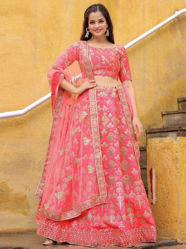 Peach Art Silk Embroidered Semi Stitched Lehenga Choli with Dupatta