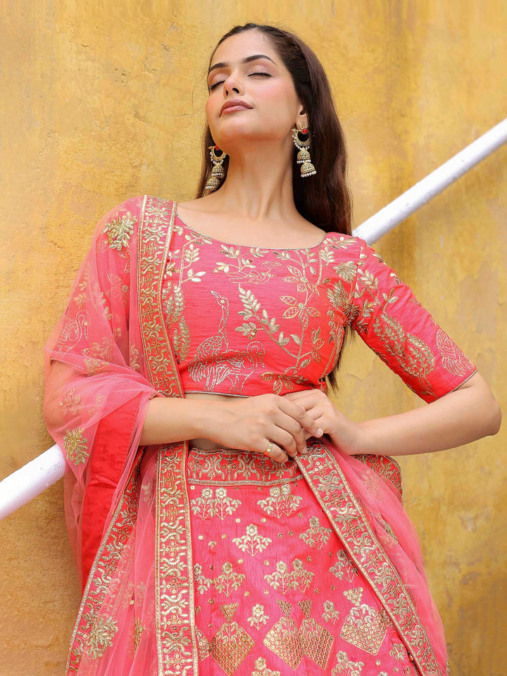 Peach Art Silk Embroidered Semi Stitched Lehenga Choli with Dupatta