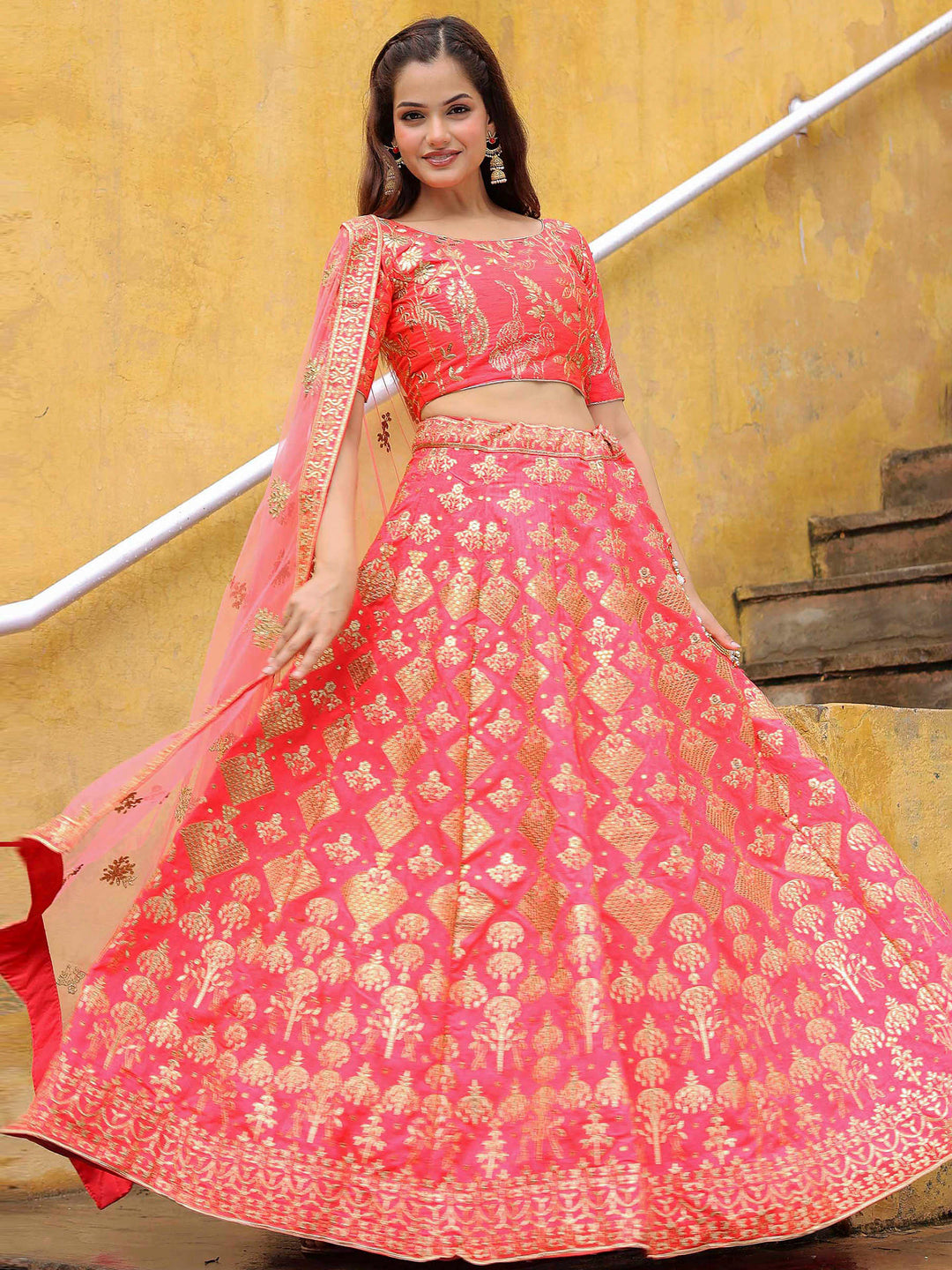 Peach Art Silk Embroidered Semi Stitched Lehenga Choli with Dupatta