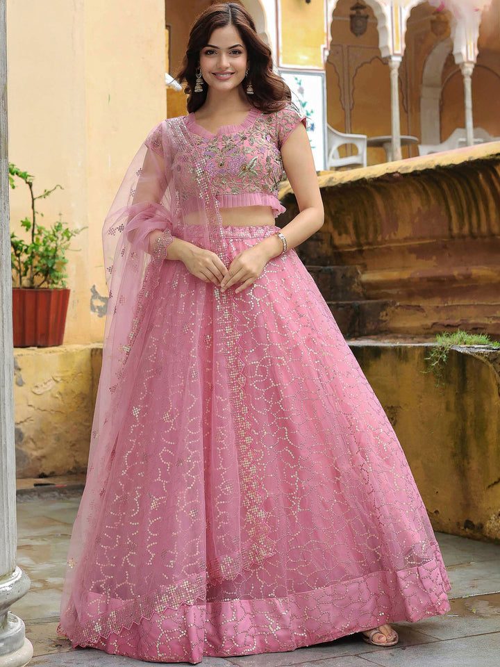 Pink Net Embroidered Semi Stitched Lehenga Choli with Dupatta