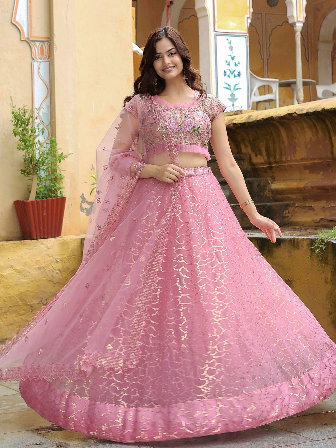 Pink Net Embroidered Semi Stitched Lehenga Choli with Dupatta