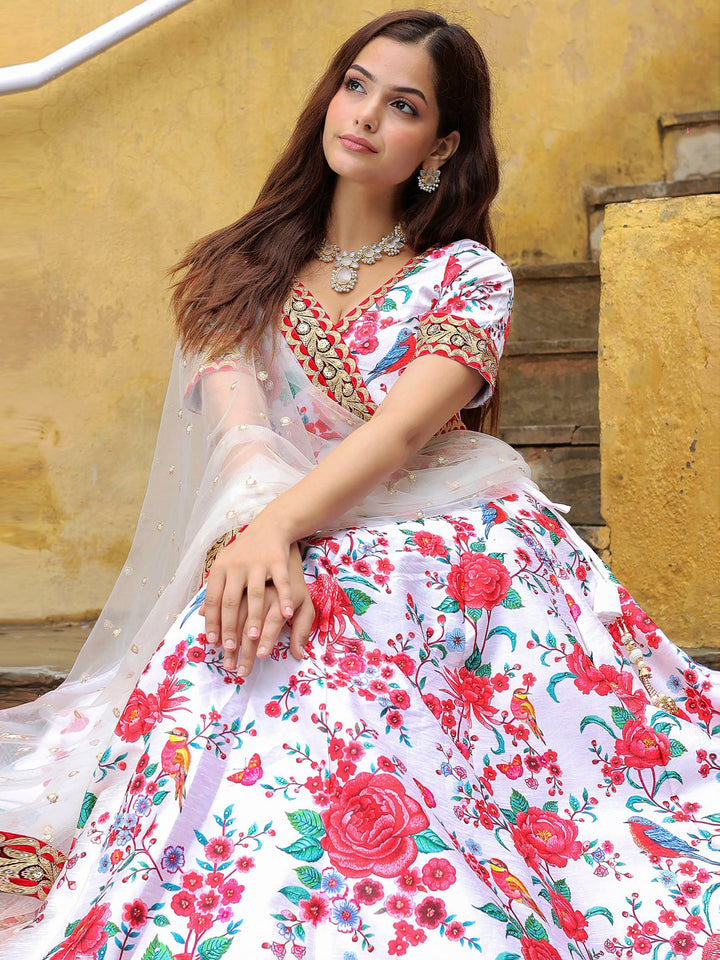 White Art Silk Embroidered Semi Stitched Lehenga Choli with Dupatta