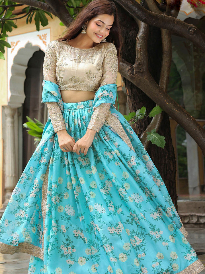 Sky Blue Organza Embroidered Semi Stitched Lehenga Choli with Dupatta
