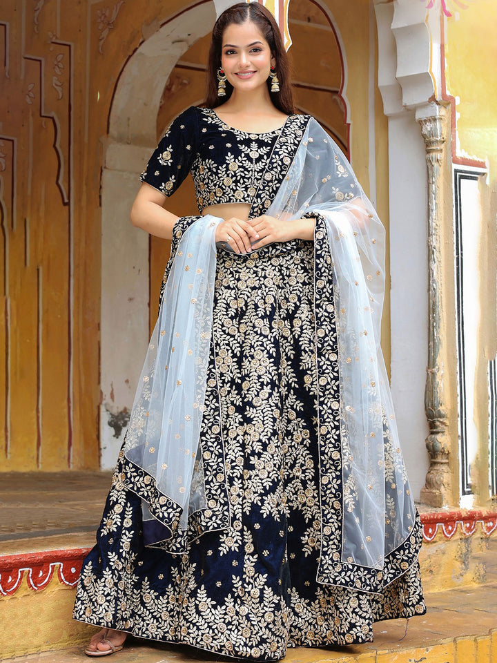 Navy-Blue Net Embroidered Semi Stitched Lehenga Choli with Dupatta