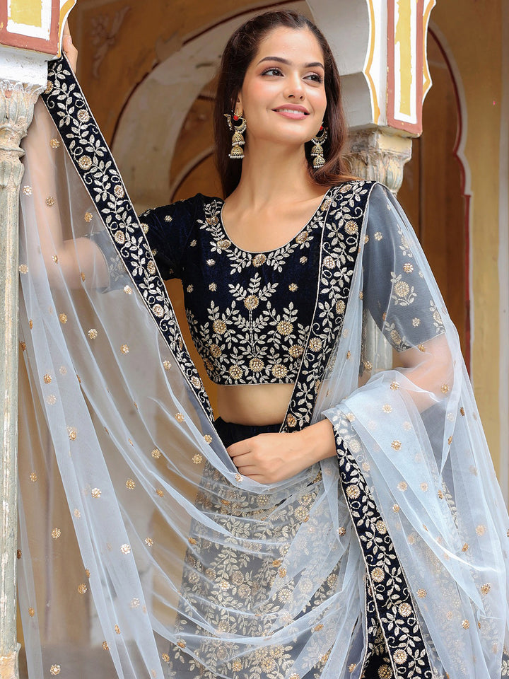 Navy-Blue Net Embroidered Semi Stitched Lehenga Choli with Dupatta