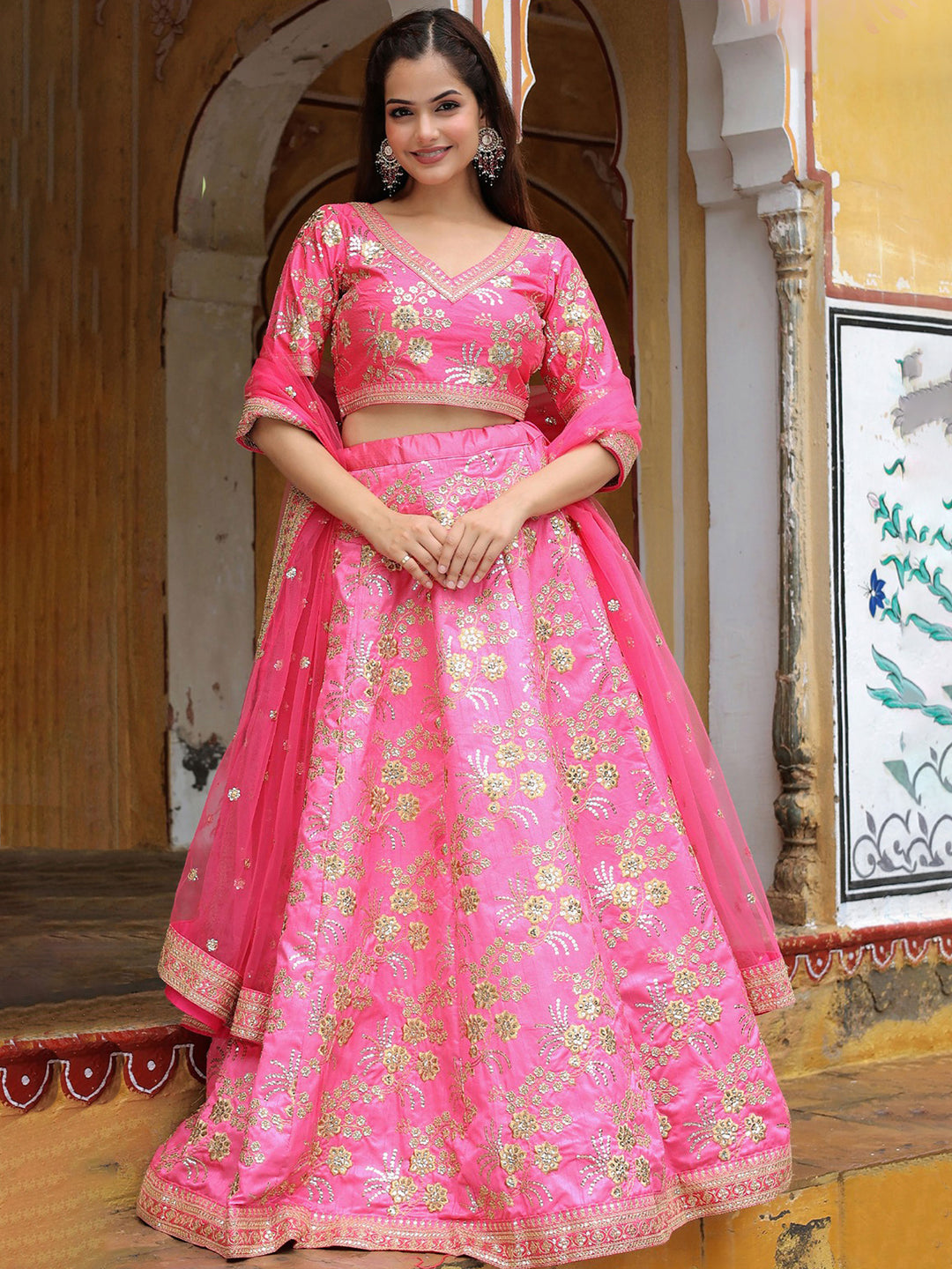 Pink Art Silk Embroidered Semi Stitched Lehenga Choli with Dupatta