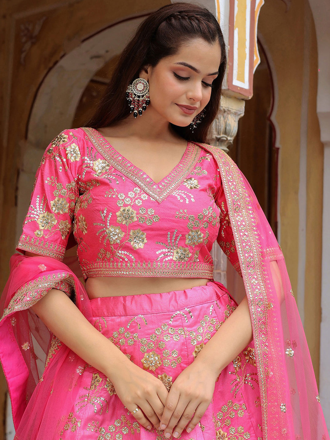 Pink Art Silk Embroidered Semi Stitched Lehenga Choli with Dupatta