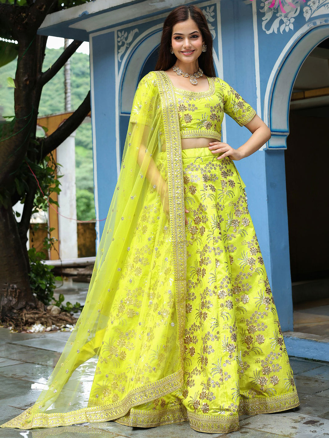 Lime-Green Art Silk Embroidered Semi Stitched Lehenga Choli with Dupatta