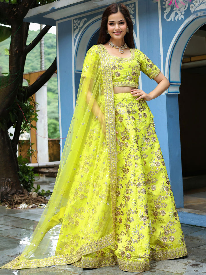 Lime-Green Art Silk Embroidered Semi Stitched Lehenga Choli with Dupatta