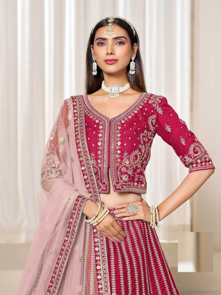 Rani Embroidered Art Silk Semi Stitched Kurta Choli With Lehenga &amp; Dupatta
