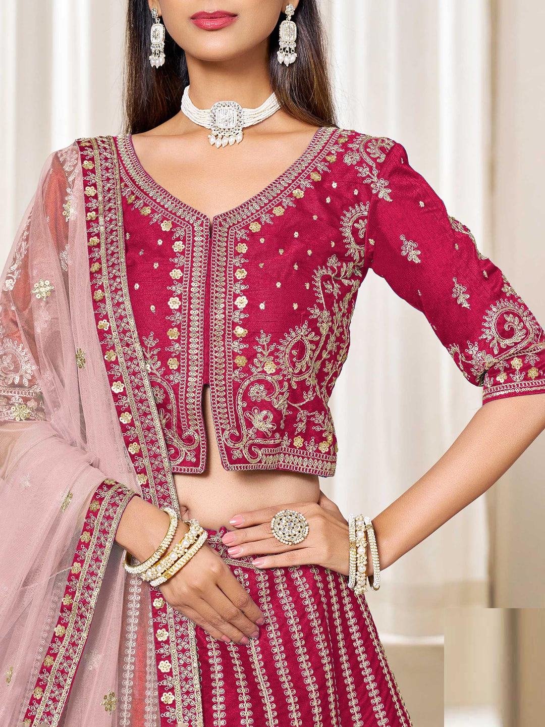 Rani Embroidered Art Silk Semi Stitched Kurta Choli With Lehenga &amp; Dupatta