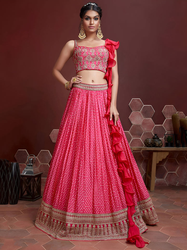Pink Chinon Embroidered Semi Stitched Lehenga Choli with Dupatta